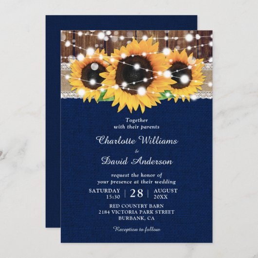 Rustikale Sonnenblumen und Blauer Hochzeitsempfang Einladung (Vorne/Hinten)