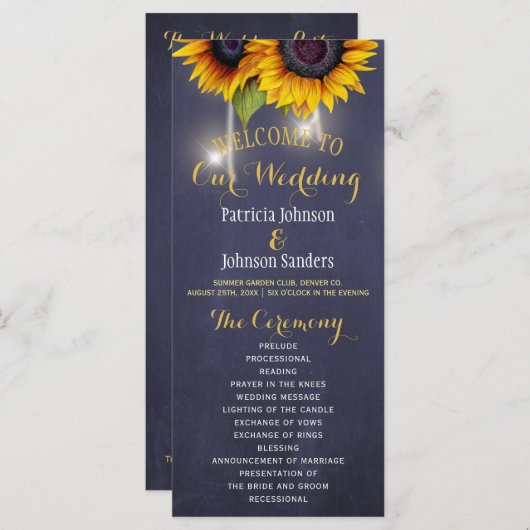 Rustikale Sonnenblumen und blaues Hochzeitsprogram Programm (Vorne/Hinten)