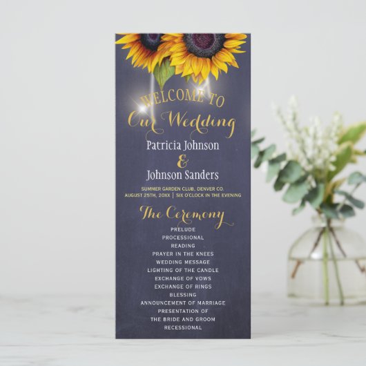 Rustikale Sonnenblumen und blaues Hochzeitsprogram Programm (Stehend Vorderseite)