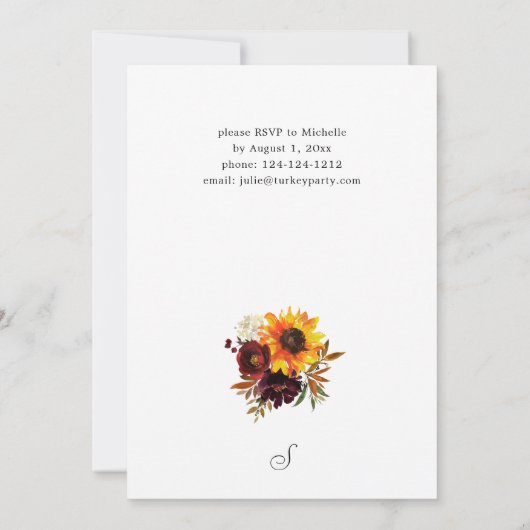 Rustikale Sonnenblumen und Burgunder Erntedank Einladung (Rückseite)