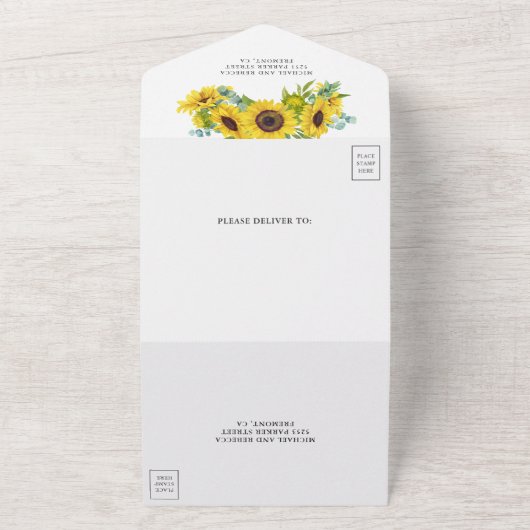 Rustikale Sonnenblumen und Eukalyptus-Branch-Hochz All In One Einladung (Außenbereich)