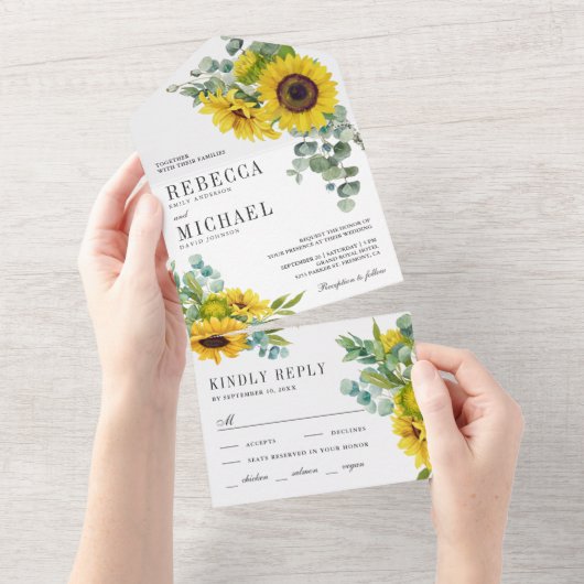 Rustikale Sonnenblumen und Eukalyptus-Branch-Hochz All In One Einladung (Abreißen)