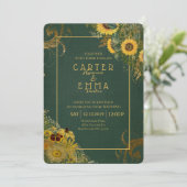 Rustikale Sonnenblumen und Hochzeiten in einem grü Einladung (Stehend Vorderseite)