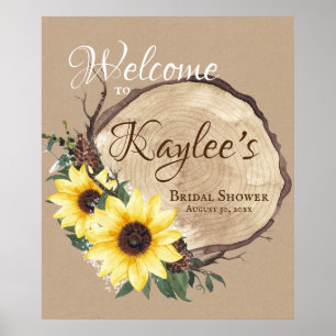 Rustikale Sonnenblumen- und Holzscheiben-Willkomme Poster