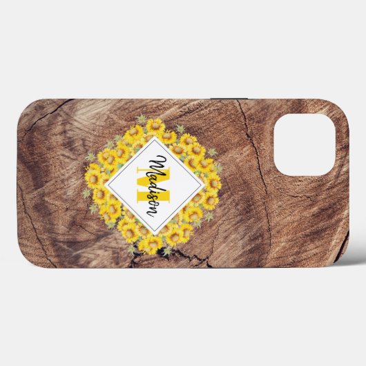 Rustikale Sonnenblumen und Holztextur Monogramm Case-Mate iPhone Hülle (Rückseite (Horizontal))