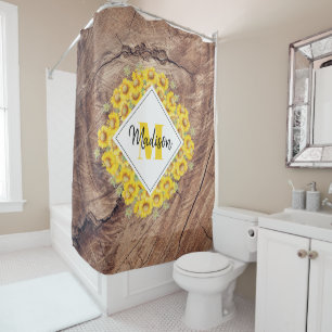 Rustikale Sonnenblumen und Holztextur Monogramm Duschvorhang