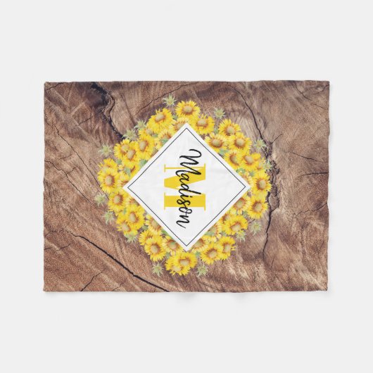 Rustikale Sonnenblumen und Holztextur Monogramm Fleecedecke (Vorderseite (Horizontal))