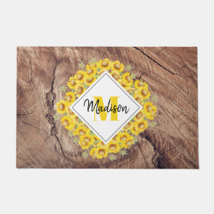 Rustikale Sonnenblumen und Holztextur Monogramm Fußmatte
