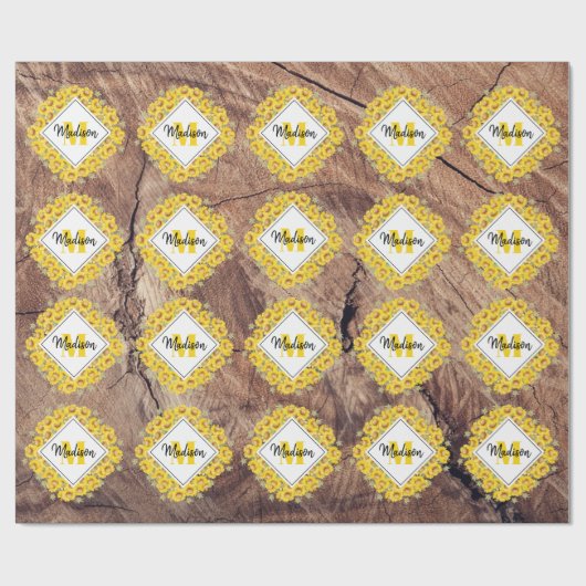 Rustikale Sonnenblumen und Holztextur Monogramm Geschenkpapier (Flach)