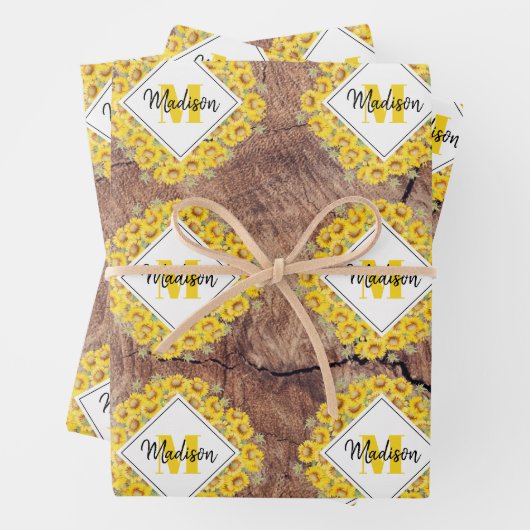 Rustikale Sonnenblumen und Holztextur Monogramm Geschenkpapier Set (Beispiel)