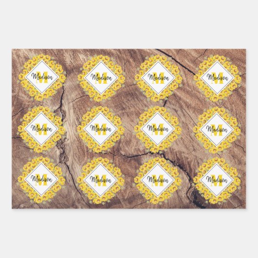 Rustikale Sonnenblumen und Holztextur Monogramm Geschenkpapier Set (Vorderseite)