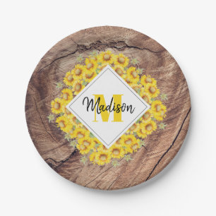 Rustikale Sonnenblumen und Holztextur Monogramm Pappteller