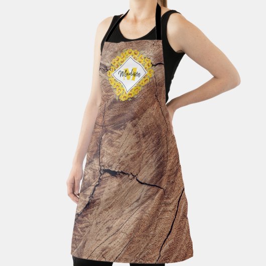Rustikale Sonnenblumen und Holztextur Monogramm Schürze (InSitu)