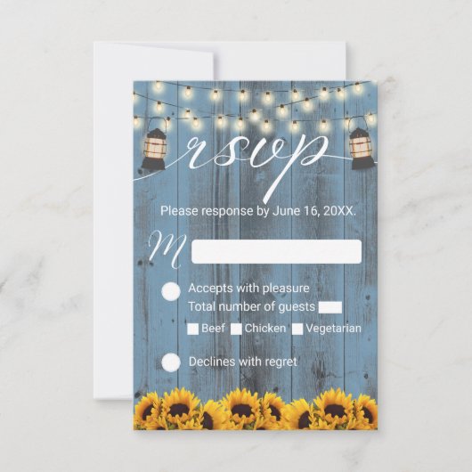 Rustikale Sonnenblumen und Lattern Dusty Blue Wedd RSVP Karte (Vorderseite)