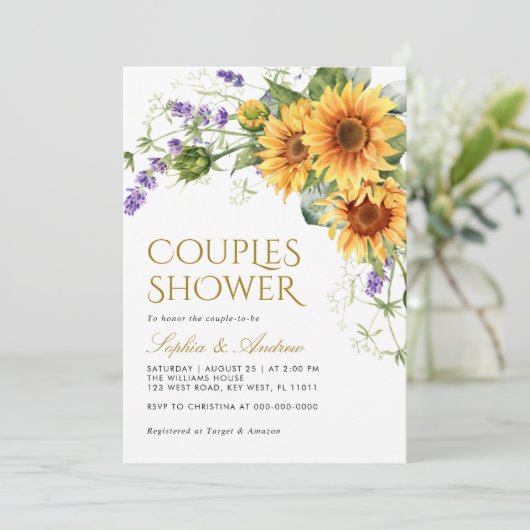 Rustikale Sonnenblumen und Lavendel Paare Dusche Einladung (Stehend Vorderseite)