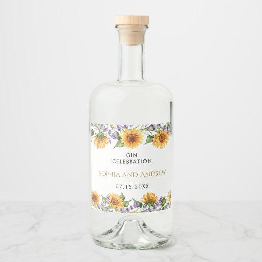 Rustikale Sonnenblumen und Lavendel Wedding Liquor Alkoholflaschenetikett (Vorderseite)