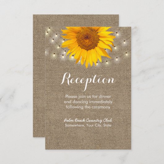 Rustikale Sonnenblumen und Lichter Burlap-Empfang Begleitkarte (Vorne/Hinten)