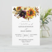 Rustikale Sonnenblumen und Lila Blumenzehen Einladung (Stehend Vorderseite)