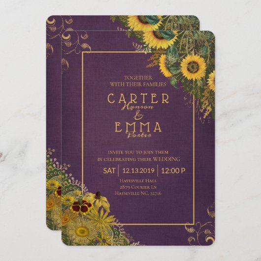 Rustikale Sonnenblumen und Lila Landhochzeit Einladung (Vorne/Hinten)