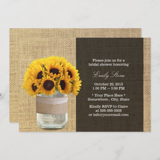 Rustikale Sonnenblumen und Mason Jar Burlap Brautp Einladung (Vorne/Hinten)