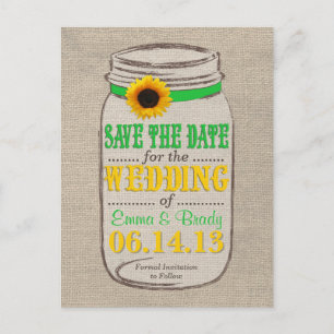 Rustikale Sonnenblumen und Mason Jar Save the Date Ankündigungspostkarte