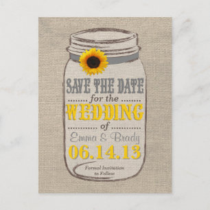 Rustikale Sonnenblumen und Mason Jar Save the Date Ankündigungspostkarte