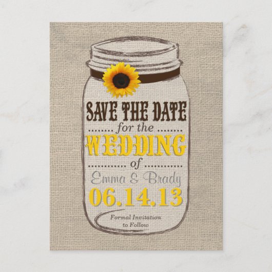Rustikale Sonnenblumen und Mason Jar Save the Date Ankündigungspostkarte (Vorderseite)