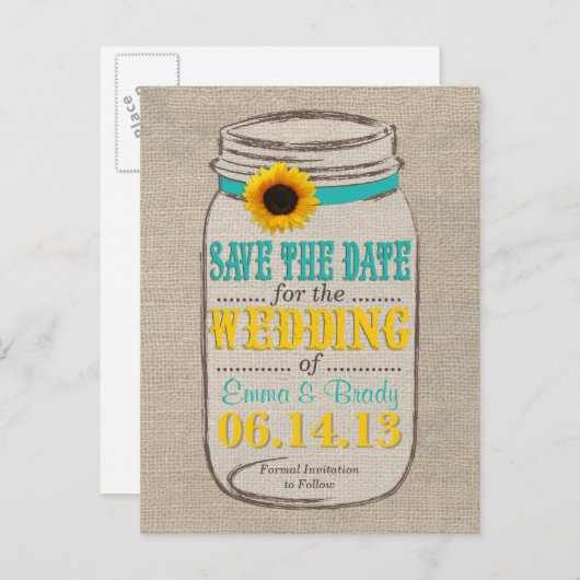 Rustikale Sonnenblumen und Mason Jar Save the Date Ankündigungspostkarte (Vorne/Hinten)