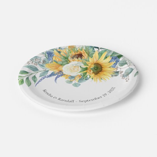 Rustikale Sonnenblumen und Rose Blumenzehen Pappteller (Schrägansicht)