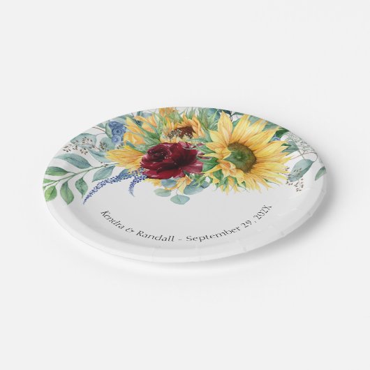 Rustikale Sonnenblumen und Rose Blumenzehen Pappteller (Schrägansicht)