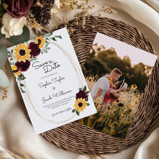 Rustikale Sonnenblumen und Rose Foto Hochzeit Save The Date