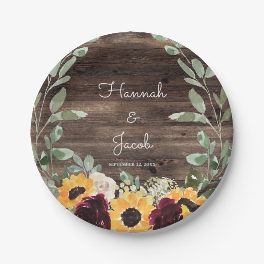 Rustikale Sonnenblumen und Rose Hochzeit von Holz Pappteller (Vorderseite)