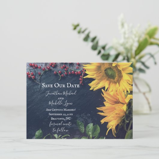 Rustikale Sonnenblumen und Schiefer Rettete unser Einladung (Stehend Vorderseite)