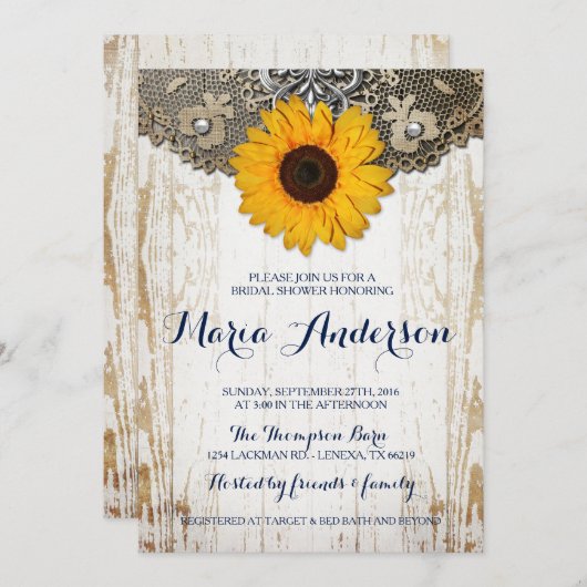 Rustikale Sonnenblumen und Spitzen-Brautparty lade Einladung (Vorne/Hinten)
