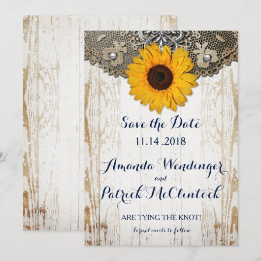 Rustikale Sonnenblumen und Spitzen Save the Date (Vorne/Hinten)