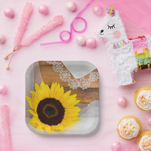 Rustikale Sonnenblumen- und Spitzenlandschaften Pappteller (Party)