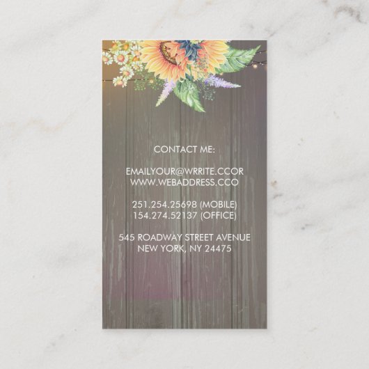 Rustikale Sonnenblumen und Streichellichtblumen Visitenkarte (Rückseite)