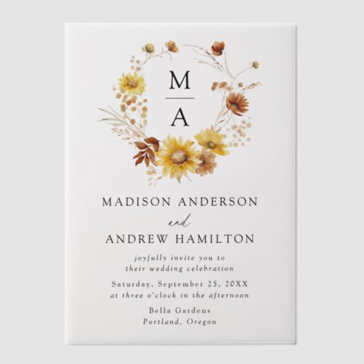 Rustikale Sonnenblumen und Wildblumen Monogramm Ho Pergament Einladungen (Vorderseite)