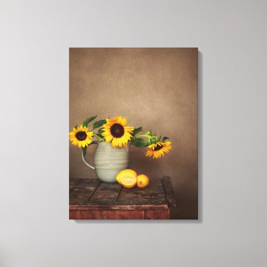 Rustikale Sonnenblumen und Zitronen Leinwanddruck (Vorderseite)