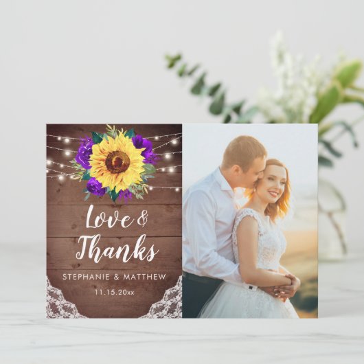 Rustikale Sonnenblumen verleihen Lila blumengeschm Dankeskarte (Stehend Vorderseite)