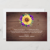 Rustikale Sonnenblumen verleihen Lila blumengeschm Dankeskarte (Rückseite)