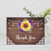 Rustikale Sonnenblumen verleihen Lila Blumenzwiebe Dankeskarte (Stehend Vorderseite)