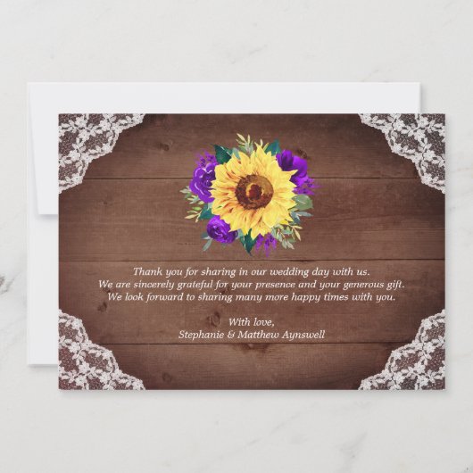 Rustikale Sonnenblumen verleihen Lila Blumenzwiebe Dankeskarte (Rückseite)