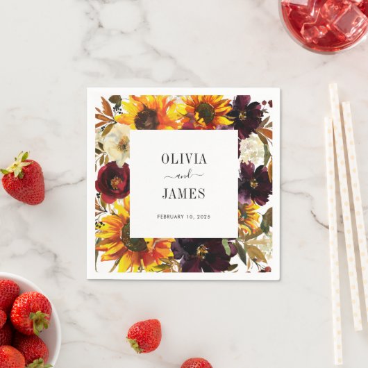 Rustikale Sonnenblumen Wasserfarbe Burgund Blütenf Serviette (Beispiel)