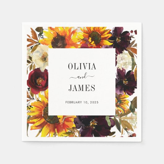 Rustikale Sonnenblumen Wasserfarbe Burgund Blütenf Serviette (Vorderseite)