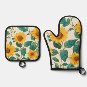 Rustikale Sonnenblumen-Watercolor-Florale Farmhous Ofenhandschuh & Topflappen-Set