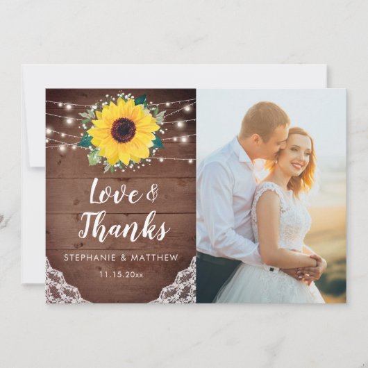 Rustikale Sonnenblumen Weißes Foto Dankeskarte (Vorderseite)