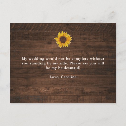 Rustikale Sonnenblumen werden Sie meine Trauzeugin Einladungspostkarte (Rückseite)