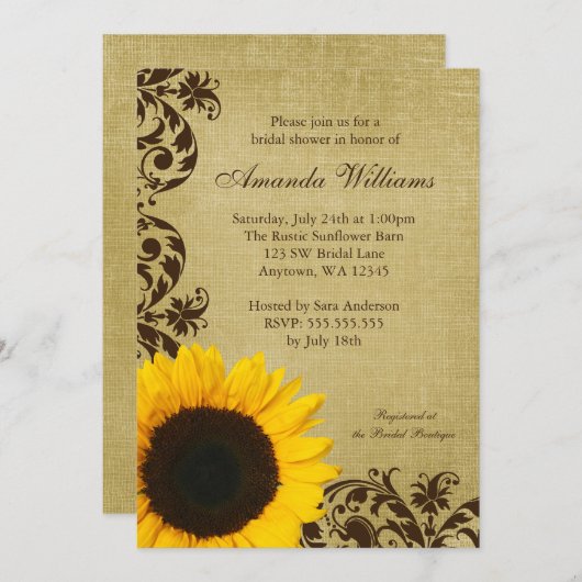Rustikale Sonnenblumen Wirbel Bridal Dusche Einlad Einladung (Vorne/Hinten)
