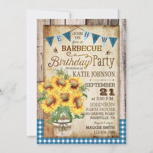 Rustikale Sonnenblumen Wood Gingham Karo Birthday Einladung (Vorderseite)